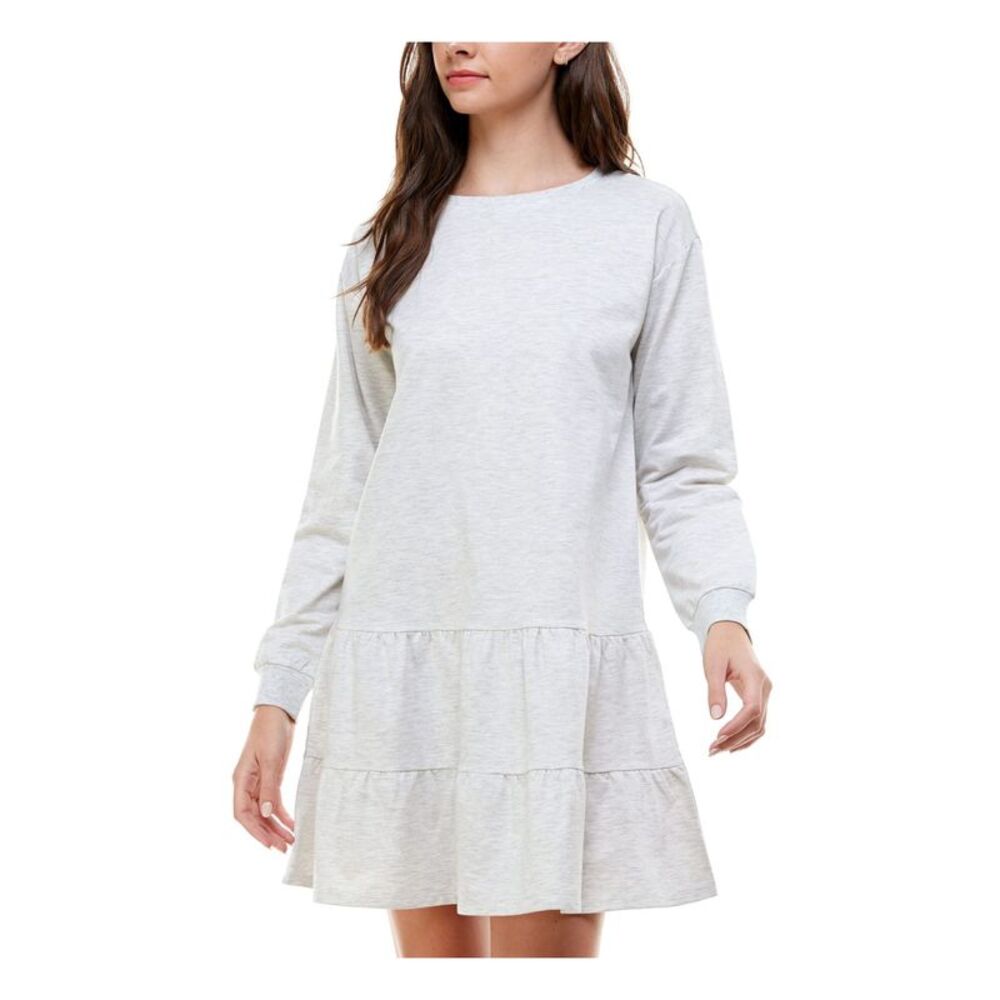 PLANET GOLD Womens Ruffled Long Sleeve Crew Neck Short A-Line Dress